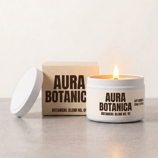 A lit white jar candle labeled AURA BOTANICA stands in front of its kraft paper box with the white lid leaning against it on a neutral surface.