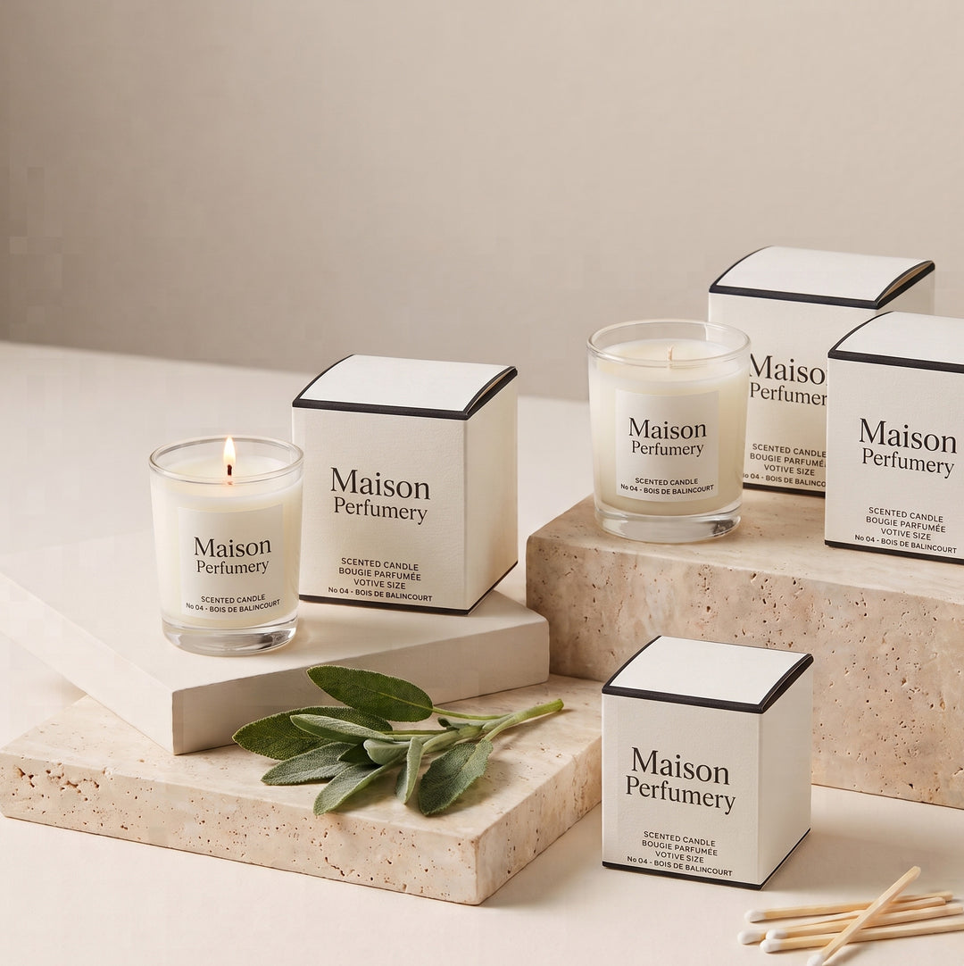 Maison Perfumy scented candles in clear glass jars with white labels, displayed alongside their white and black square boxes on stone risers. One candle is lit, and a few wooden matches lie nearby on a neutral beige surface.